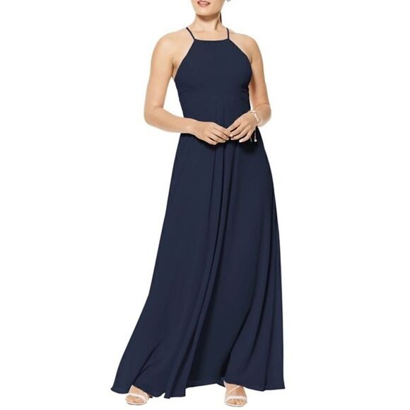 Levkoff Navy Blue Halter Neck Chiffon A-Line Maxi Dress NWT - Picture 1 of 12